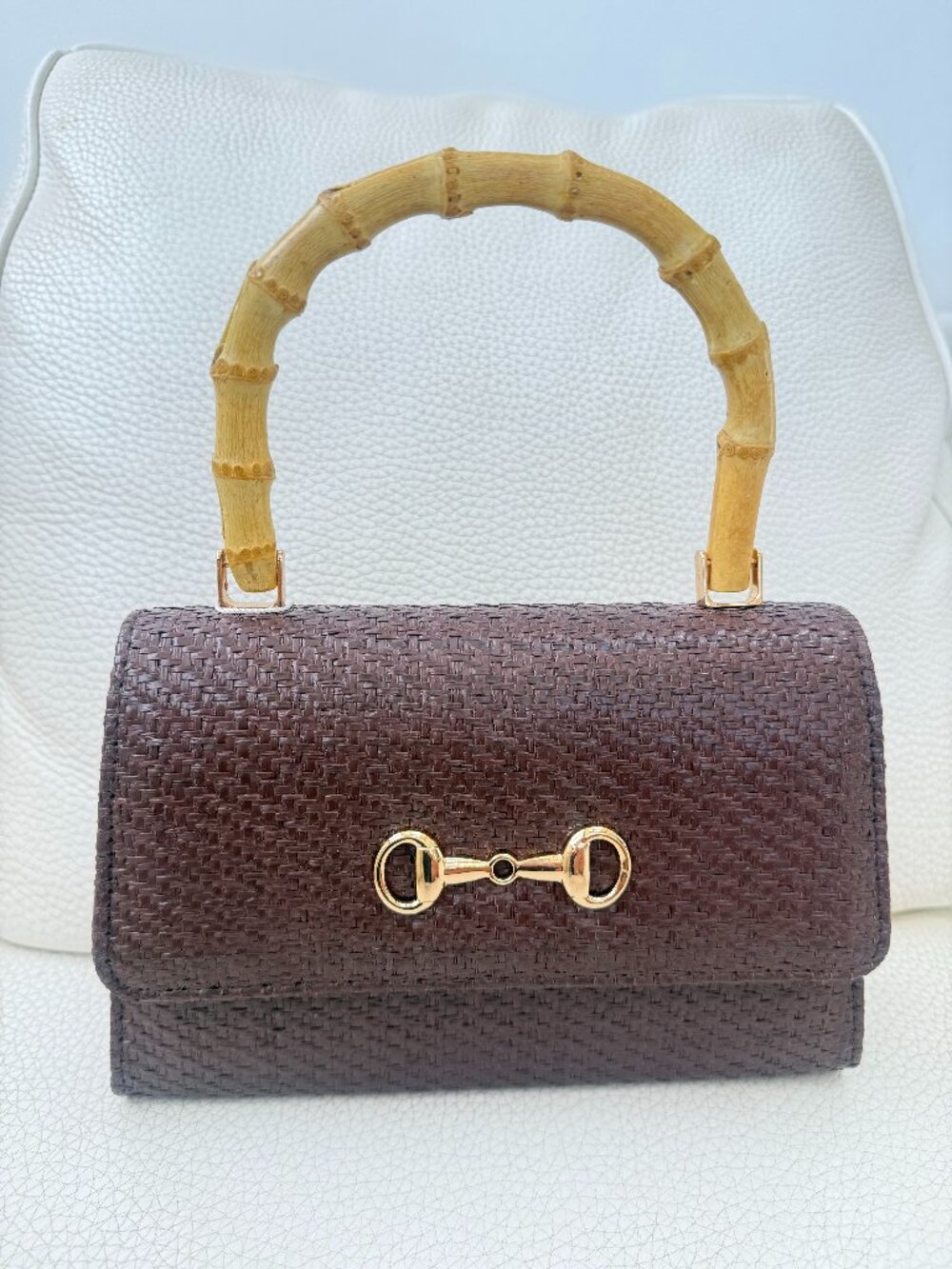 NWT Tommy Bahama Woven Raffia Bamboo Handle Satchel Crossbody bag brown - Picture 1 of 6